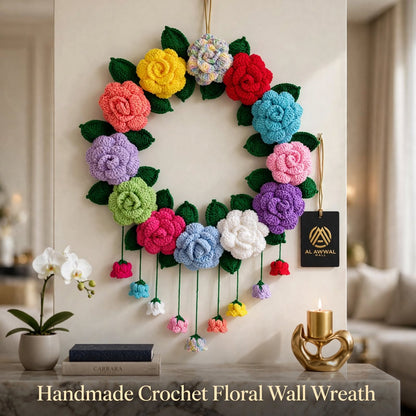 Handmade Crochet Rose Ring Wall Hanging – Multicolor Flowers & Bell-Style Hanging