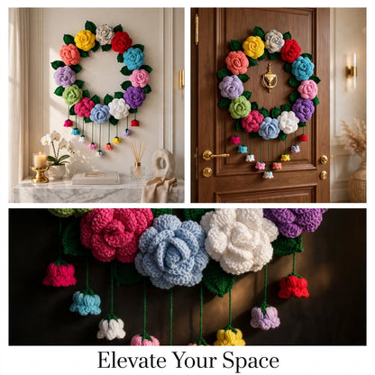 Handmade Crochet Rose Ring Wall Hanging – Multicolor Flowers & Bell-Style Hanging