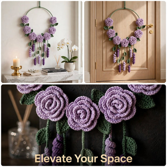 Handmade Crochet Half-Ring Wall Hanging – Light Violet & Purple Roses