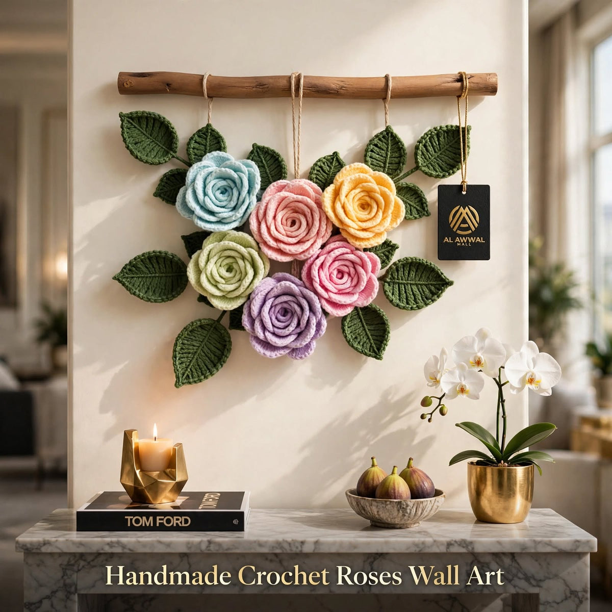 Handmade Crochet Blooming Rose Floral Wall Hanging – Light Flowers & Dark Green Leaves