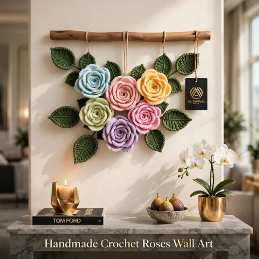 Handmade Crochet Blooming Rose Floral Wall Hanging – Light Flowers & Dark Green Leaves