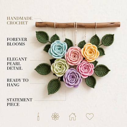 Handmade Crochet Blooming Rose Floral Wall Hanging – Light Flowers & Dark Green Leaves