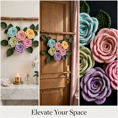 Handmade Crochet Blooming Rose Floral Wall Hanging – Light Flowers & Dark Green Leaves
