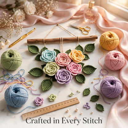 Handmade Crochet Blooming Rose Floral Wall Hanging – Light Flowers & Dark Green Leaves