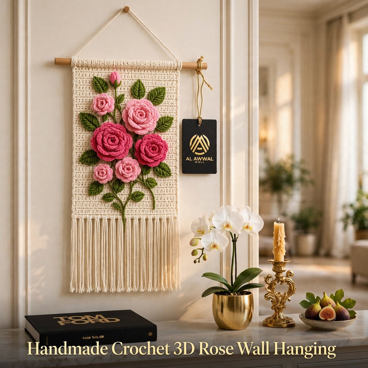 Handmade Crochet Floral Wall Hanging – Pink Roses on Cream Panel with Tassels