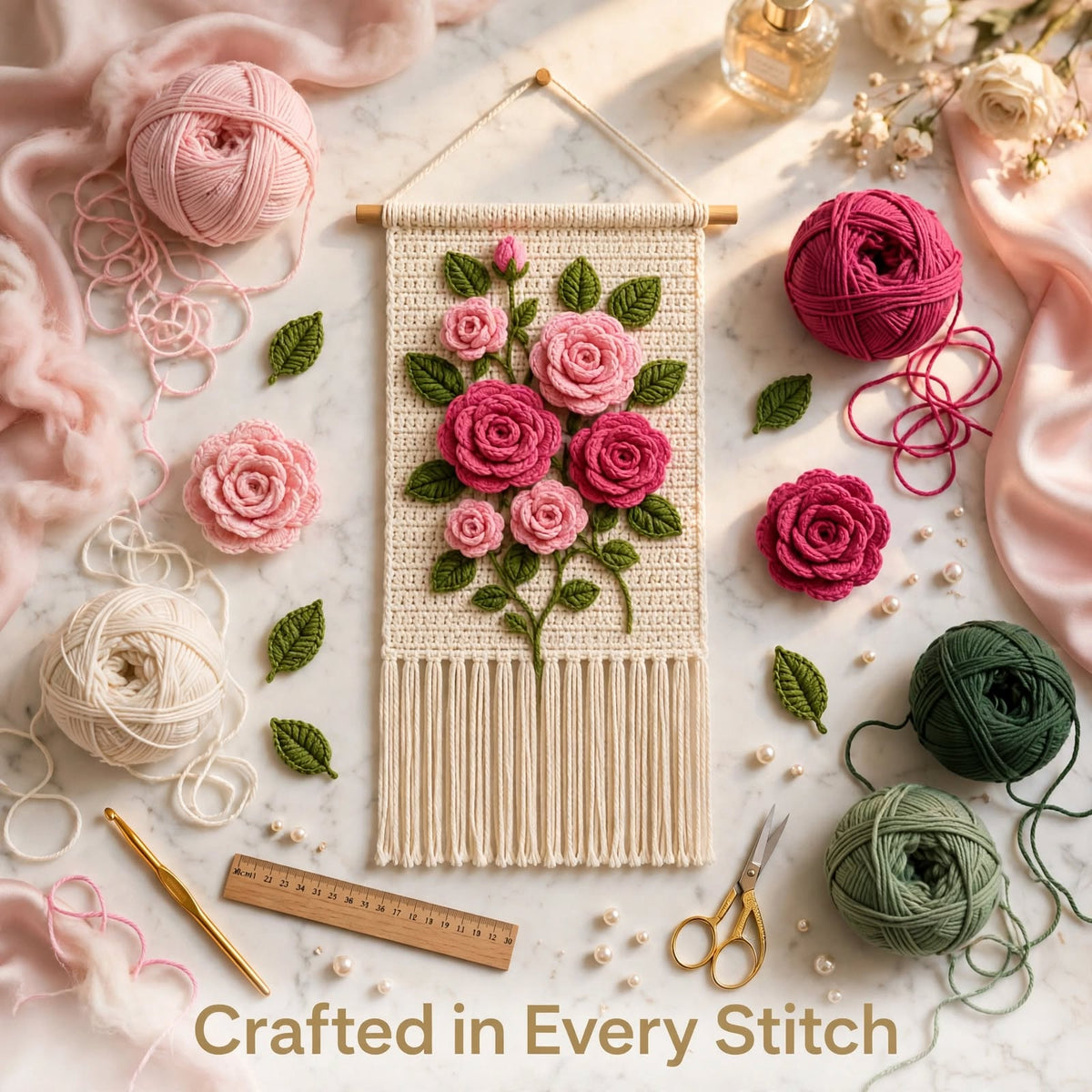 Handmade Crochet Floral Wall Hanging – Pink Roses on Cream Panel with Tassels