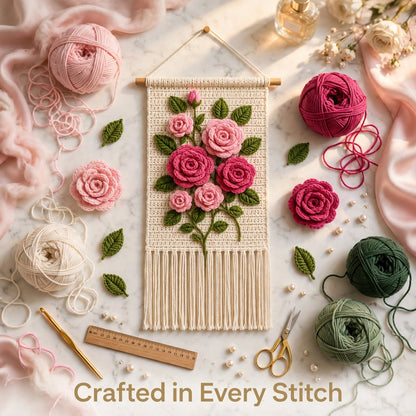 Handmade Crochet Floral Wall Hanging – Pink Roses on Cream Panel with Tassels