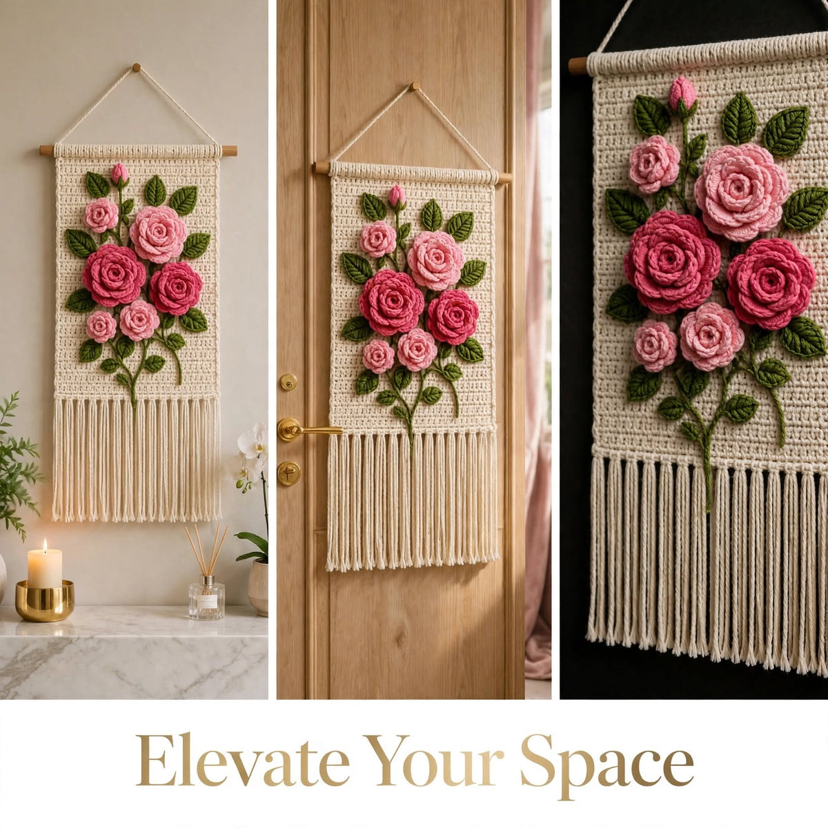 Handmade Crochet Floral Wall Hanging – Pink Roses on Cream Panel with Tassels