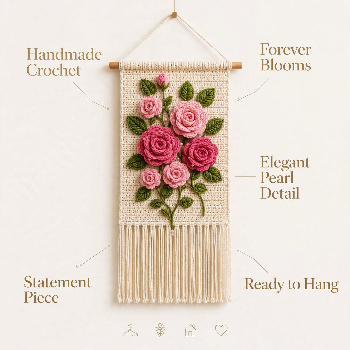 Handmade Crochet Floral Wall Hanging – Pink Roses on Cream Panel with Tassels