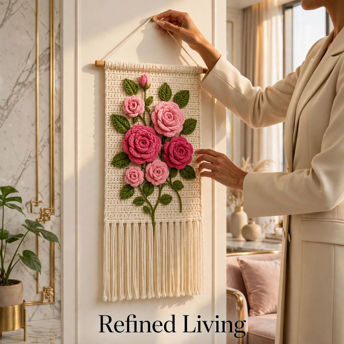 Handmade Crochet Floral Wall Hanging – Pink Roses on Cream Panel with Tassels