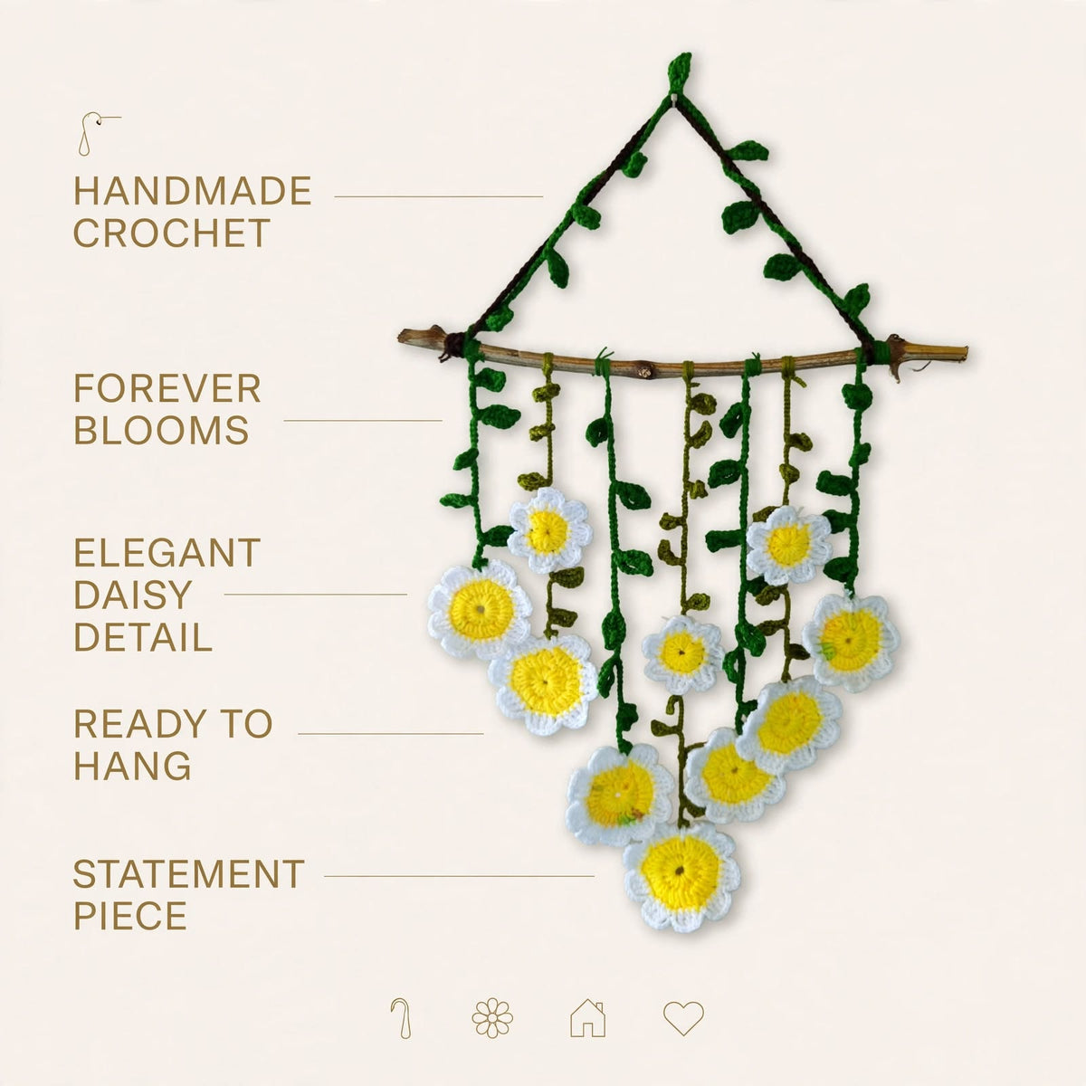Handmade Crochet Daisy Flower Hanging – White & Yellow Flowers with Green Leaves