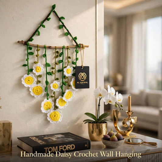 Handmade Crochet Daisy Flower Hanging – White & Yellow Flowers with Green Leaves