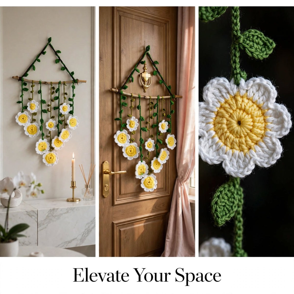 Handmade Crochet Daisy Flower Hanging – White & Yellow Flowers with Green Leaves