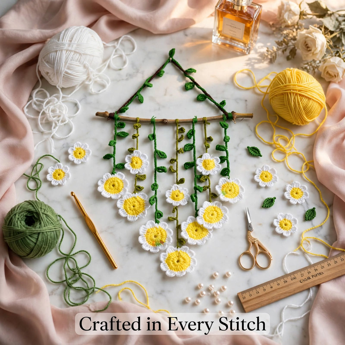 Handmade Crochet Daisy Flower Hanging – White & Yellow Flowers with Green Leaves