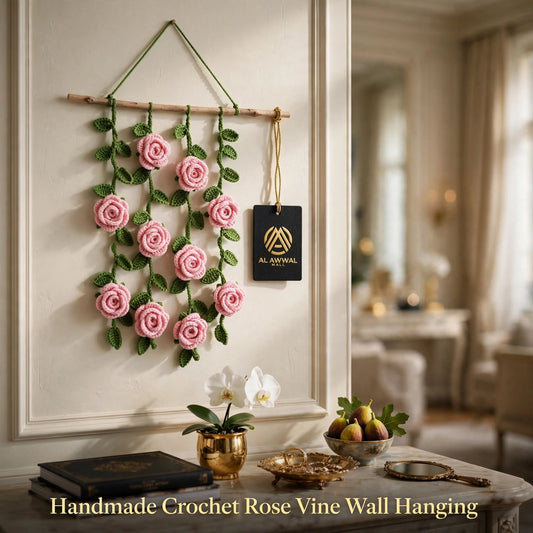 Handmade Crochet Baby Pink Rose Hanging – Green Leaves & Layered Strand Design