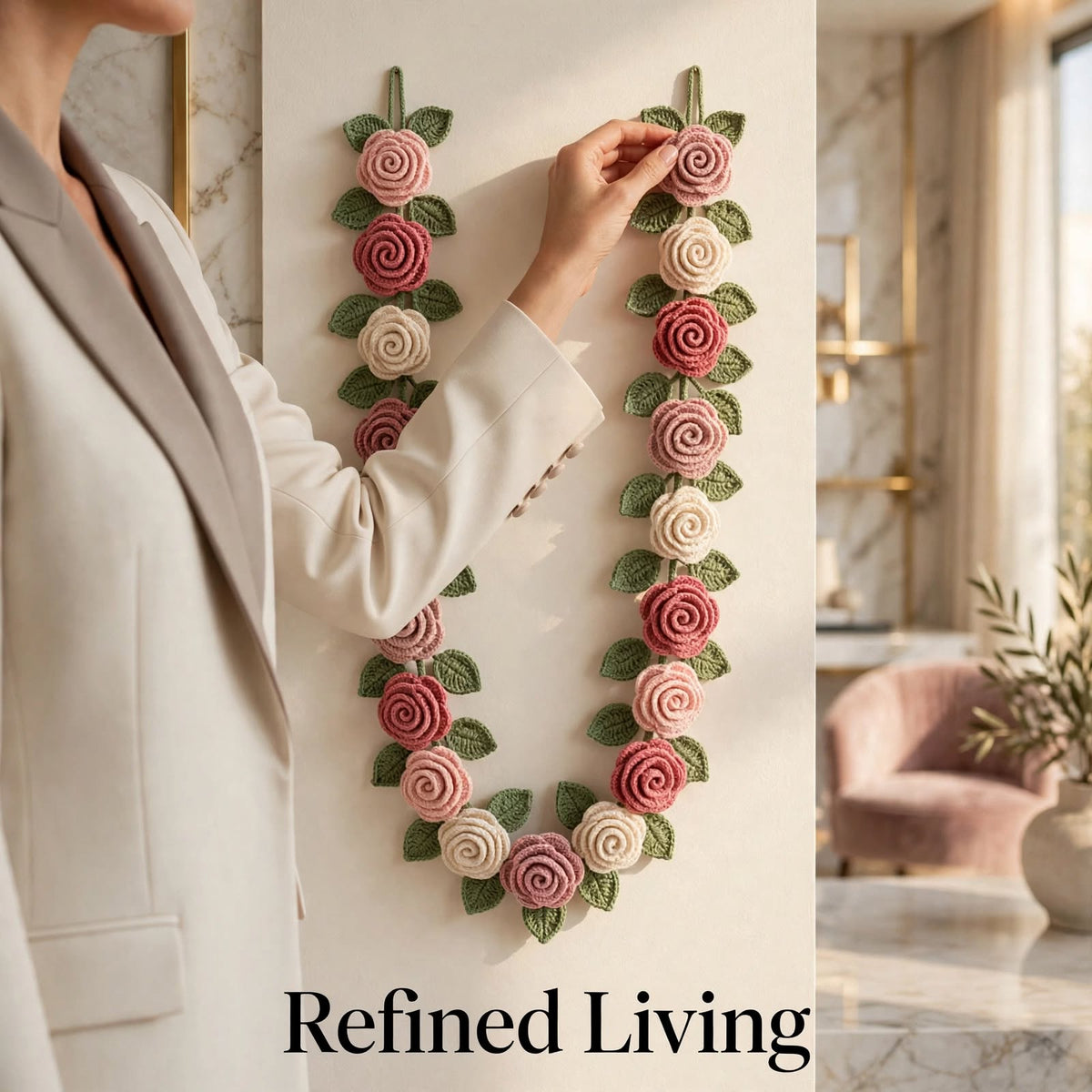 Handmade Crochet Floral Garland Wall Hanging – Cream, Baby Pink & Wine Red Roses