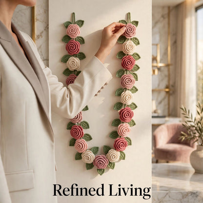 Handmade Crochet Floral Garland Wall Hanging – Cream, Baby Pink & Wine Red Roses