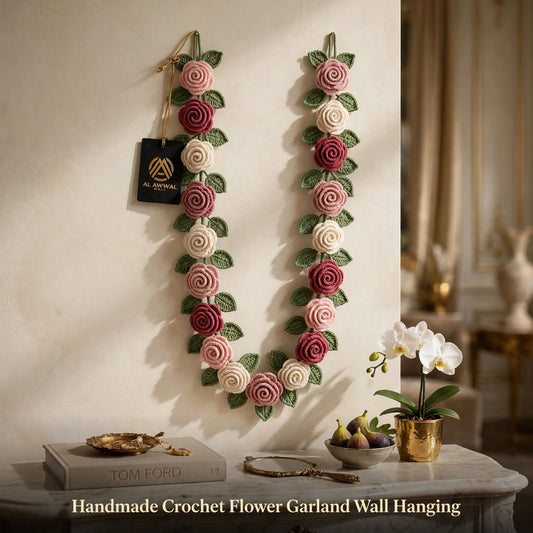 Handmade Crochet Floral Garland Wall Hanging – Cream, Baby Pink & Wine Red Roses