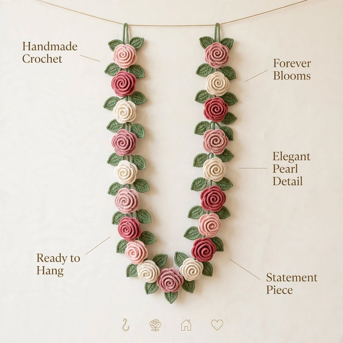 Handmade Crochet Floral Garland Wall Hanging – Cream, Baby Pink & Wine Red Roses