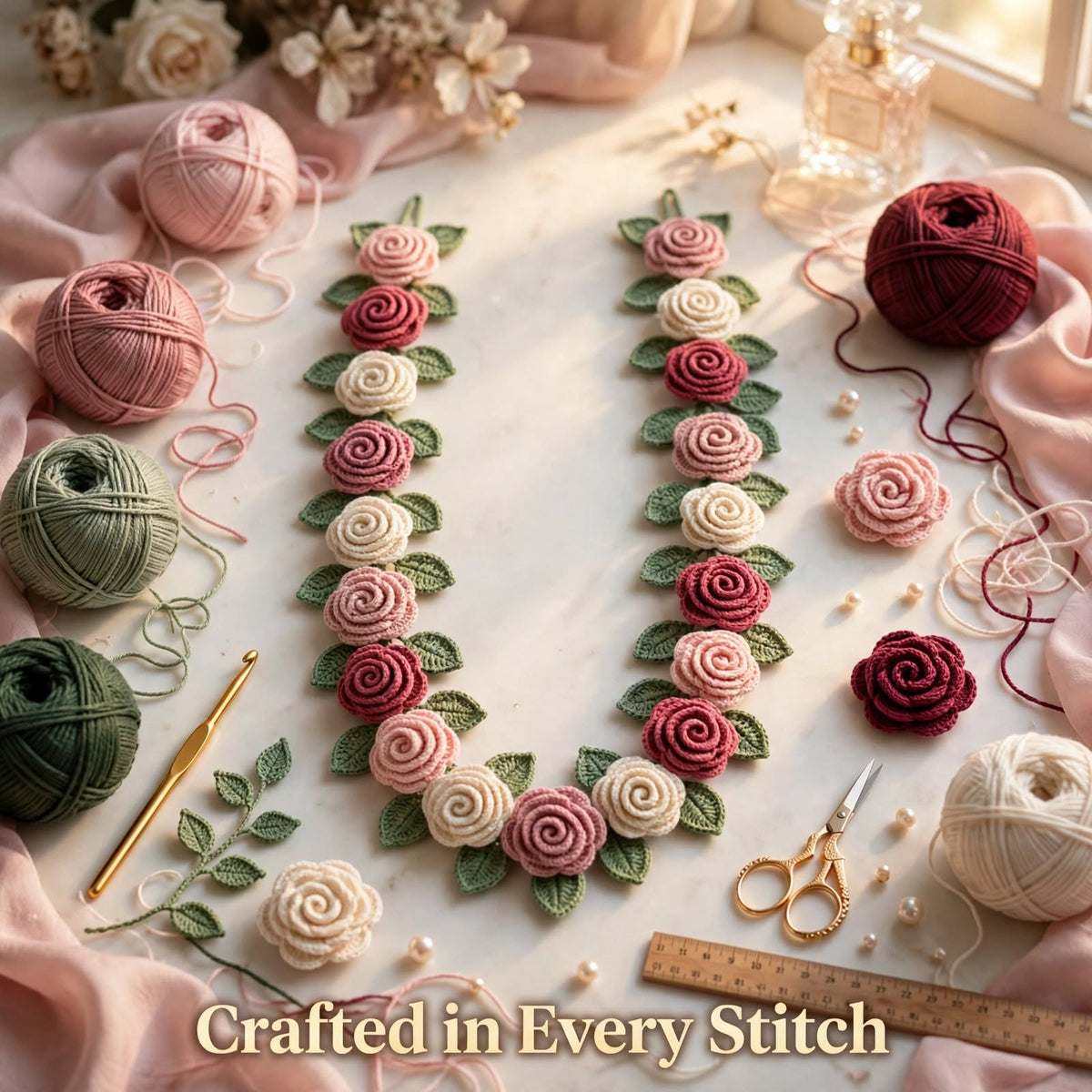 Handmade Crochet Floral Garland Wall Hanging – Cream, Baby Pink & Wine Red Roses
