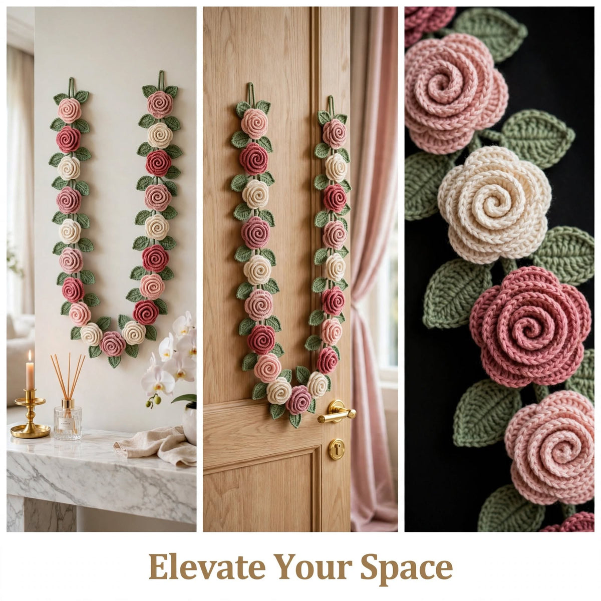Handmade Crochet Floral Garland Wall Hanging – Cream, Baby Pink & Wine Red Roses