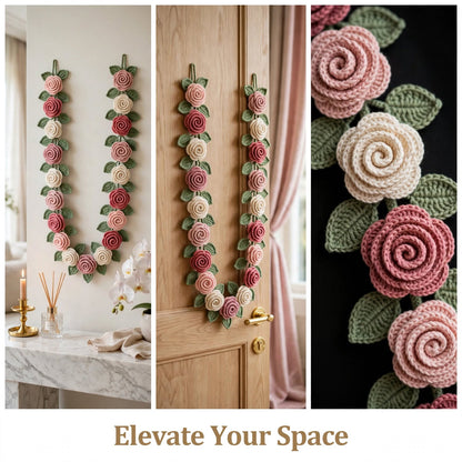 Handmade Crochet Floral Garland Wall Hanging – Cream, Baby Pink & Wine Red Roses