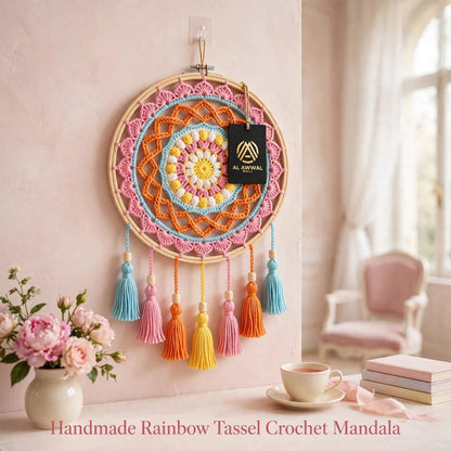 Handmade Crochet Multicolor Mandala Wall Hanging – Woven Design & Colorful Tassels