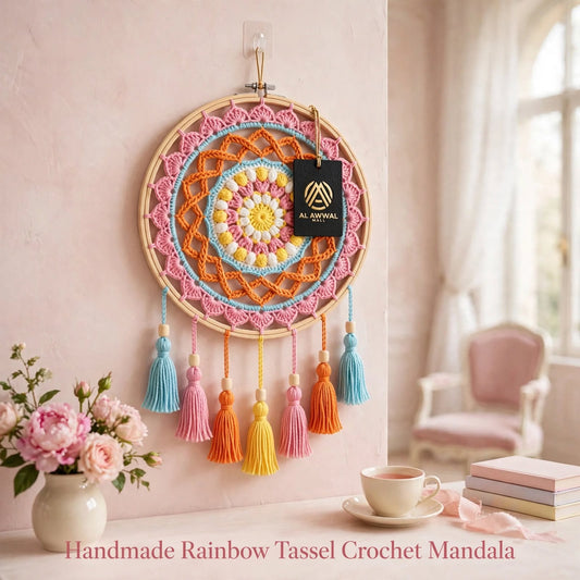 Handmade Crochet Multicolor Mandala Wall Hanging – Woven Design & Colorful Tassels