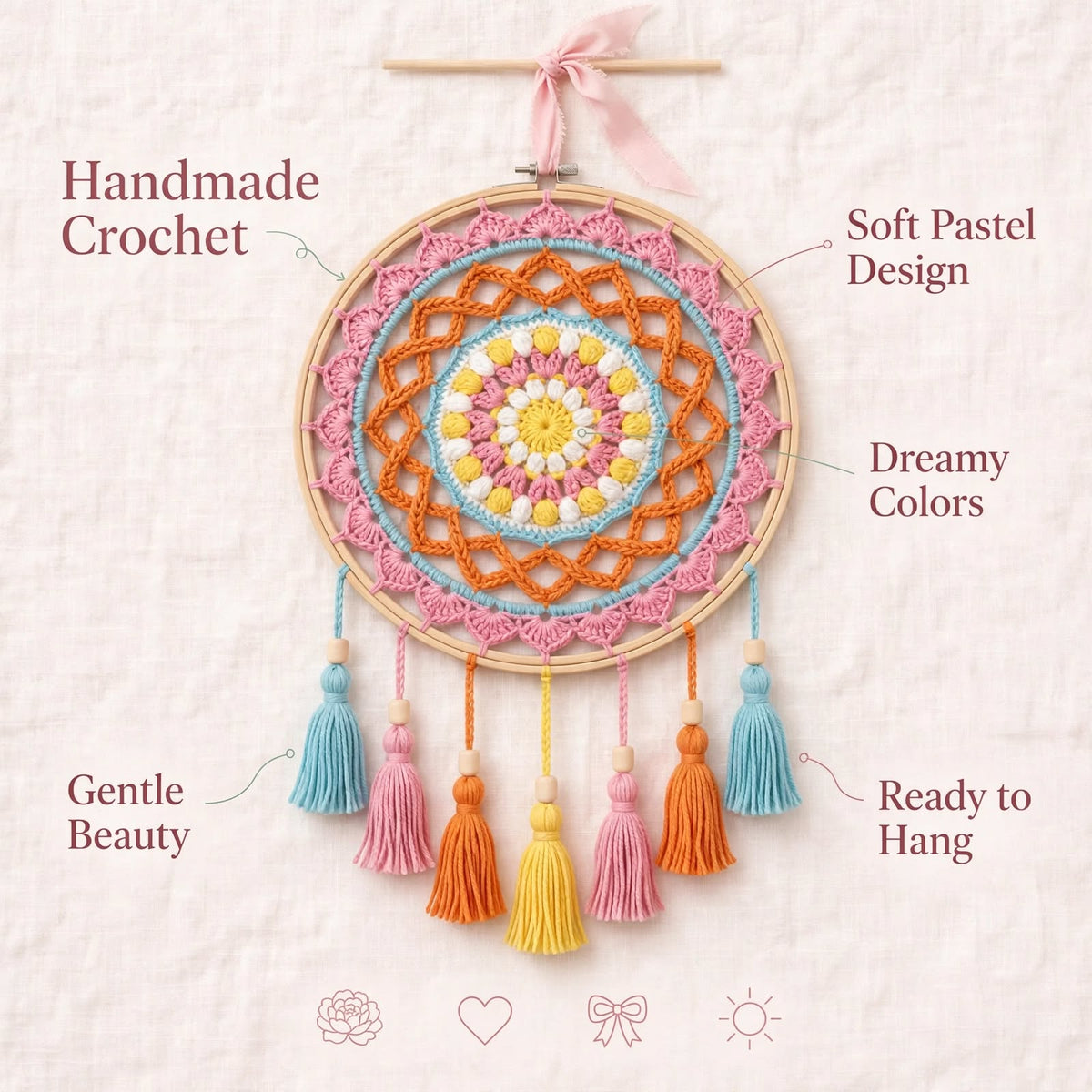 Handmade Crochet Multicolor Mandala Wall Hanging – Woven Design & Colorful Tassels