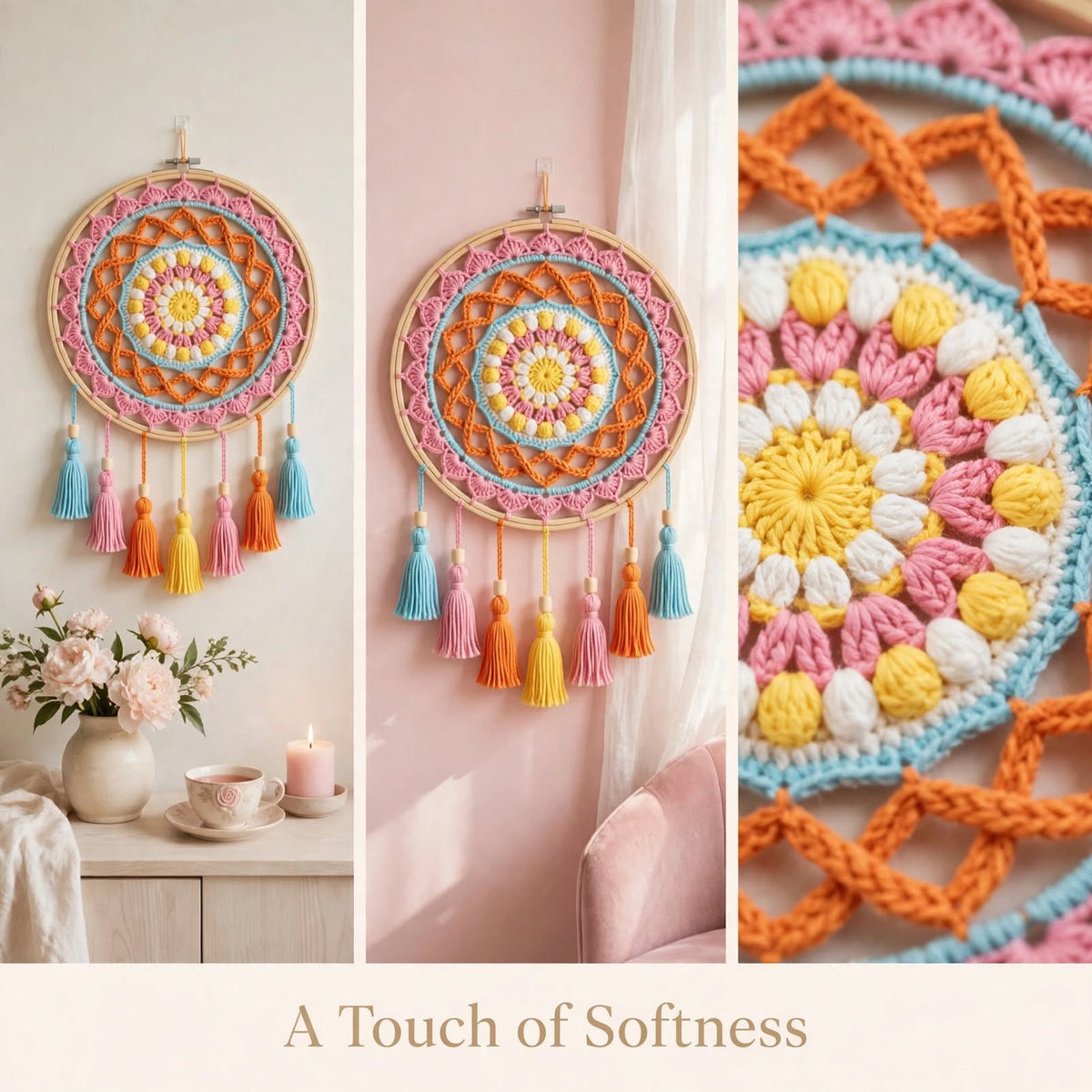 Handmade Crochet Multicolor Mandala Wall Hanging – Woven Design & Colorful Tassels