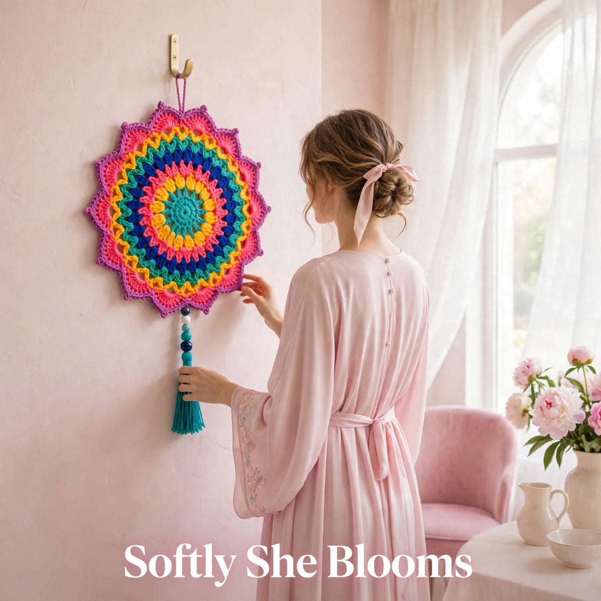 Handmade Crochet Multicolor Mandala Wall Hanging – Petal Edge & Pearl Tassel