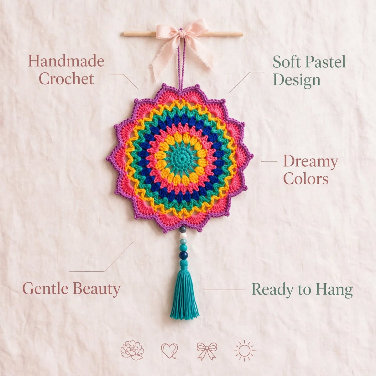 Handmade Crochet Multicolor Mandala Wall Hanging – Petal Edge & Pearl Tassel