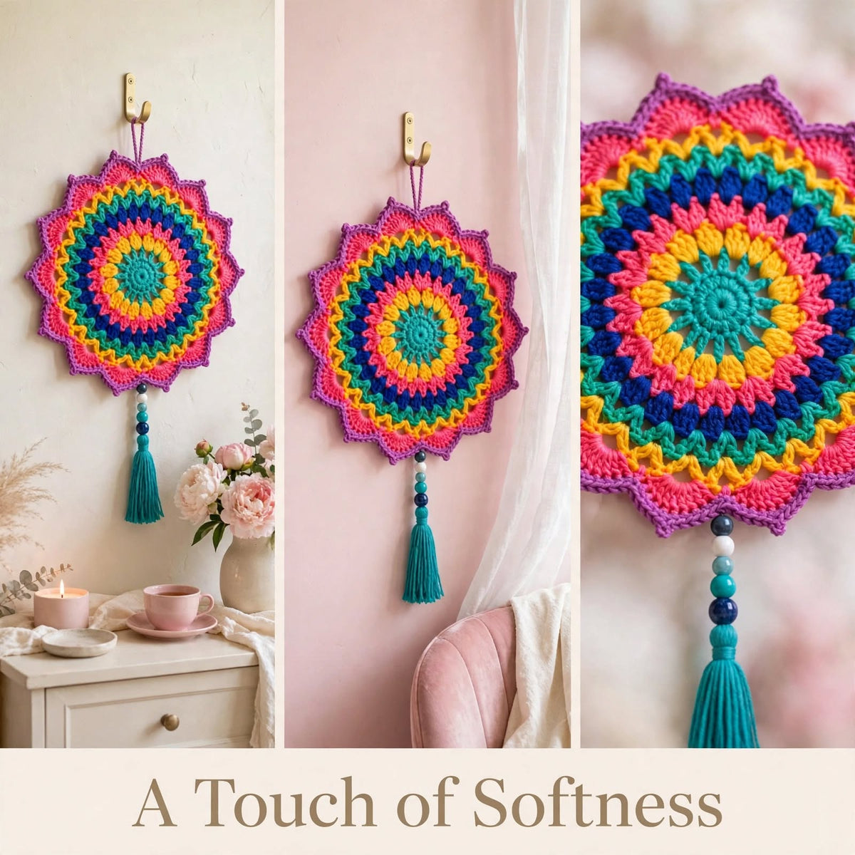 Handmade Crochet Multicolor Mandala Wall Hanging – Petal Edge & Pearl Tassel