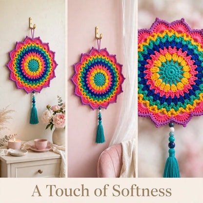 Handmade Crochet Multicolor Mandala Wall Hanging – Petal Edge & Pearl Tassel