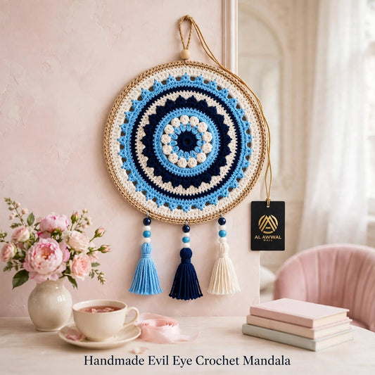 Handmade Crochet Mandala Wall Hanging – White, Black & Sky Blue Beige border with Tassels