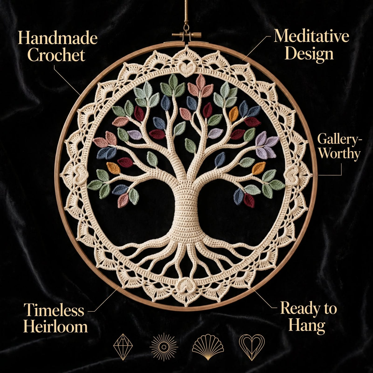 Handmade Crochet Tree Mandala Wall Hanging – Multicolor Tree Design with Cream Petal Edge..
