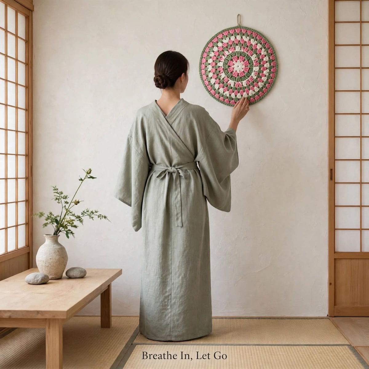 Handmade Crochet Round Mandala Wall Hanging – Pink, Greenish & White Woven Design