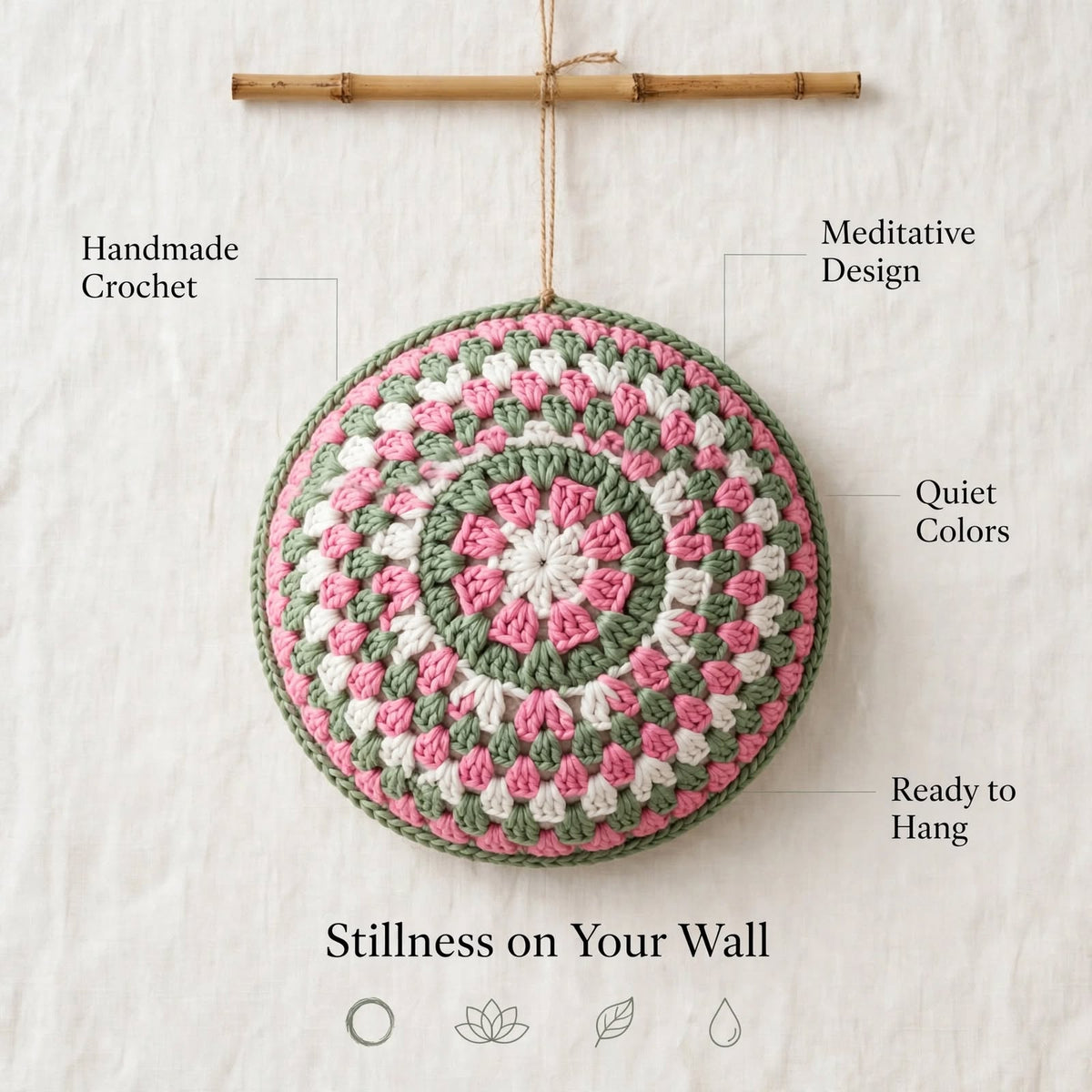 Handmade Crochet Round Mandala Wall Hanging – Pink, Greenish & White Woven Design