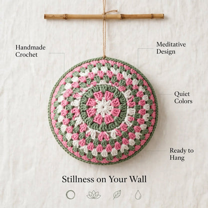 Handmade Crochet Round Mandala Wall Hanging – Pink, Greenish & White Woven Design