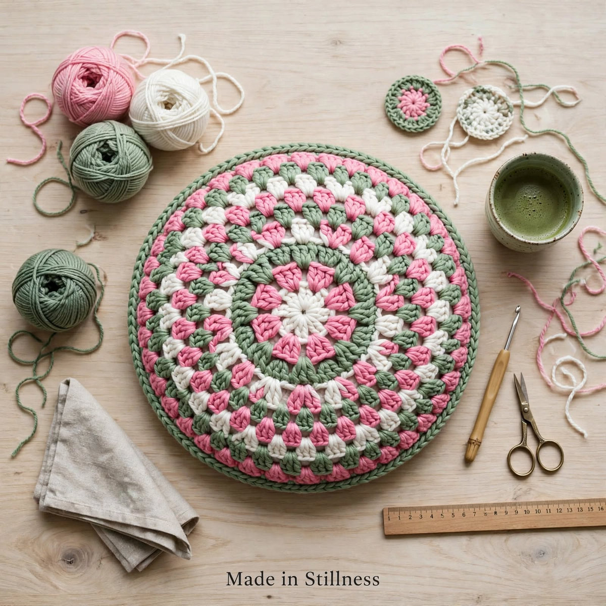 Handmade Crochet Round Mandala Wall Hanging – Pink, Greenish & White Woven Design