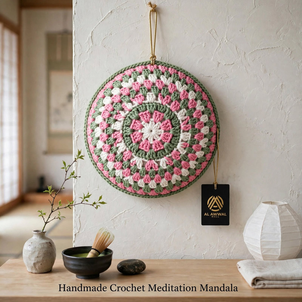 Handmade Crochet Round Mandala Wall Hanging – Pink, Greenish & White Woven Design