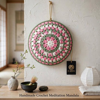 Handmade Crochet Round Mandala Wall Hanging – Pink, Greenish & White Woven Design
