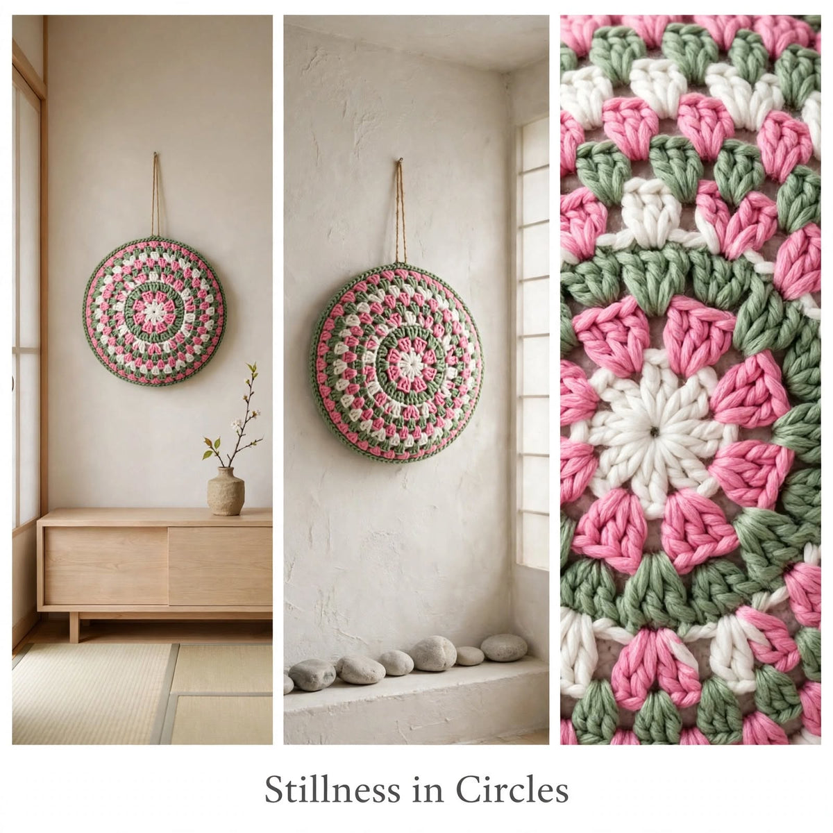 Handmade Crochet Round Mandala Wall Hanging – Pink, Greenish & White Woven Design