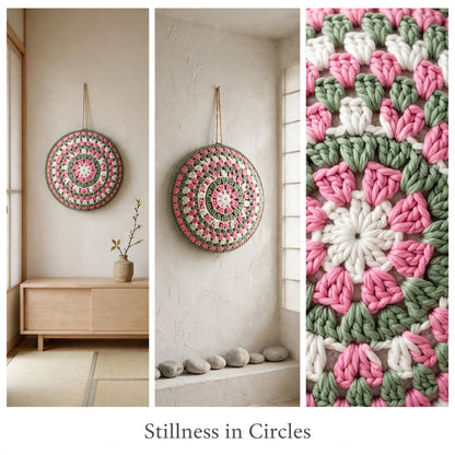 Handmade Crochet Round Mandala Wall Hanging – Pink, Greenish & White Woven Design