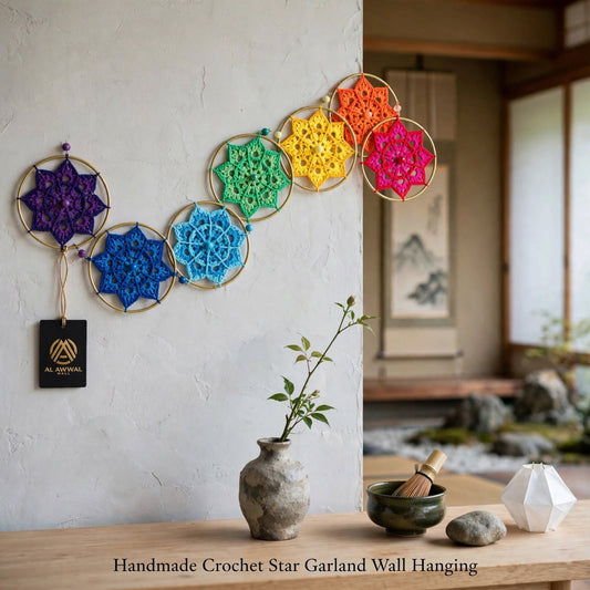 Handmade Crochet Star Mandala Garland Wall Hanging – Multicolor Hoop Design