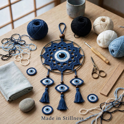 Handmade Crochet Evil Eye Mandala Wall Hanging – Pointed Edge & 3 Eye Tassels
