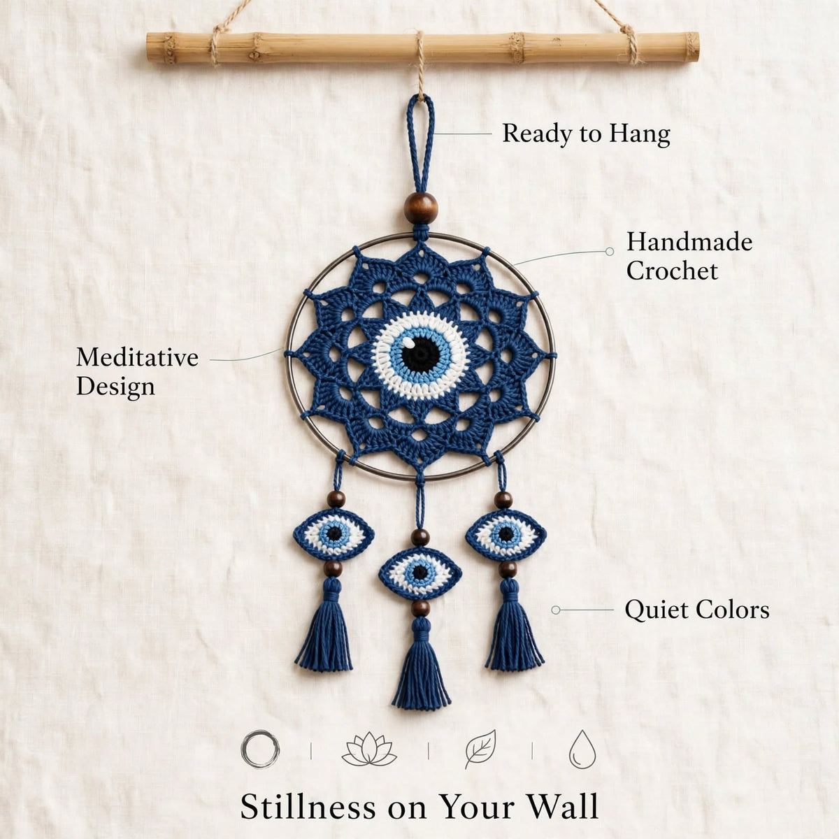 Handmade Crochet Evil Eye Mandala Wall Hanging – Pointed Edge & 3 Eye Tassels
