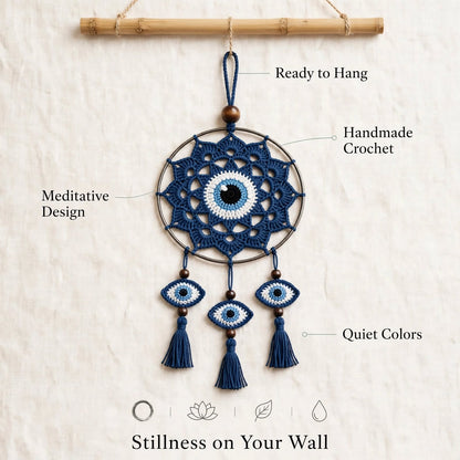 Handmade Crochet Evil Eye Mandala Wall Hanging – Pointed Edge & 3 Eye Tassels