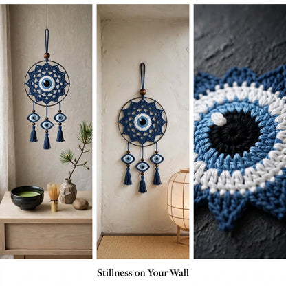 Handmade Crochet Evil Eye Mandala Wall Hanging – Pointed Edge & 3 Eye Tassels