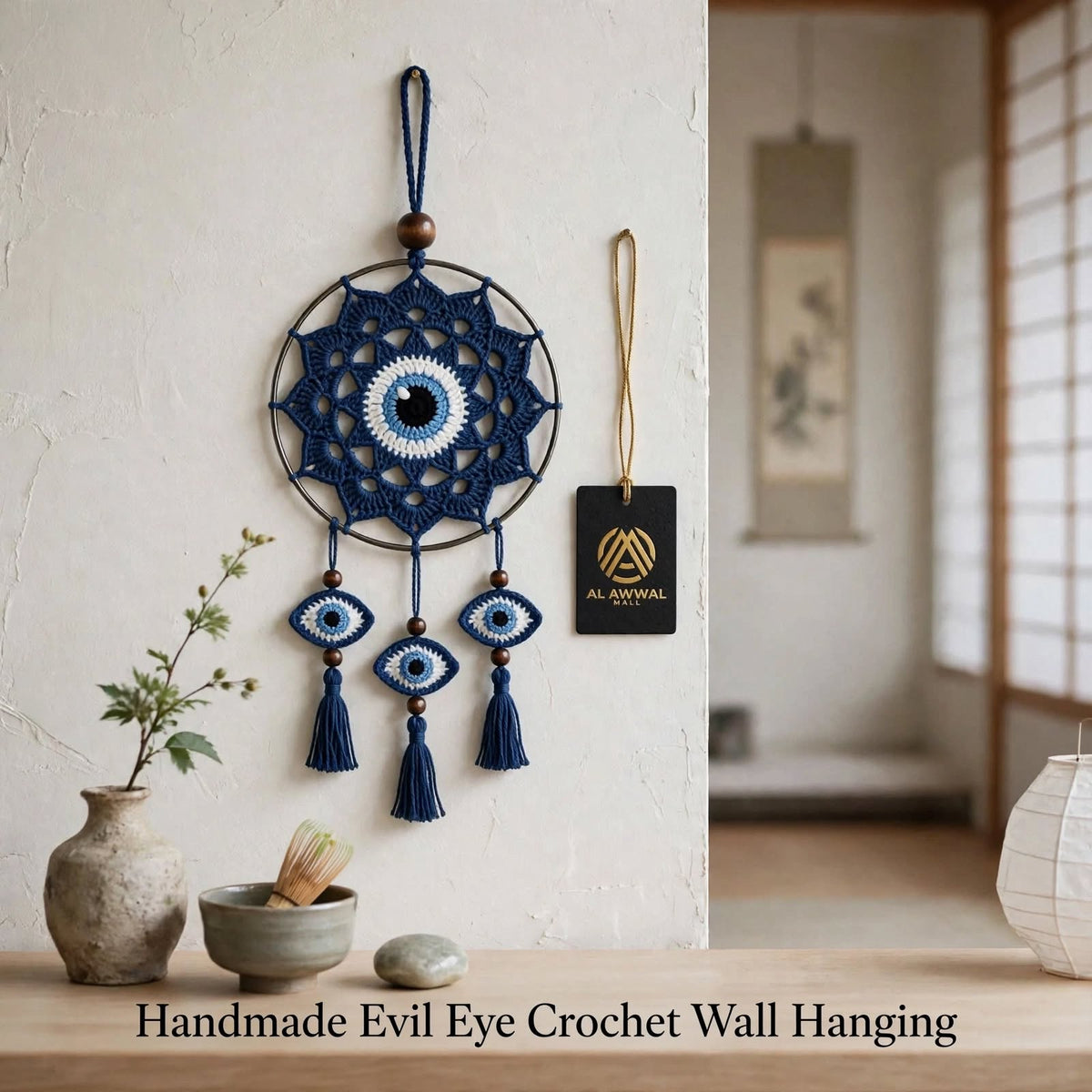 Handmade Crochet Evil Eye Mandala Wall Hanging – Pointed Edge & 3 Eye Tassels